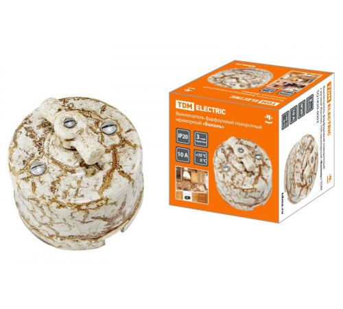 Выключатель фарфоровый поворотный с ручкой (бантик) 10А мраморный "Болонь"  SQ1820-0003  TDM