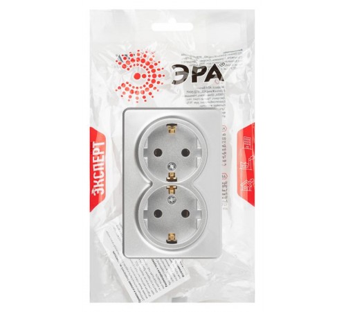 Розетка ЭРА Эксперт 11-2205-03 двойная с заземлением 2х2P+E Schuko IP20 16A-250В ОУ Алюминий  Б0063046  ЭРА