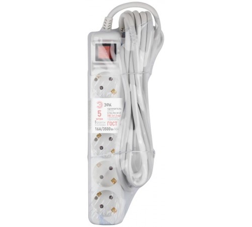 Удлинитель электрический U-5es-5m-3x1,5 с заземлением с выключателем 5 розеток 5м ПВС 3x1,5мм2 16А  Б0044045  ЭРА