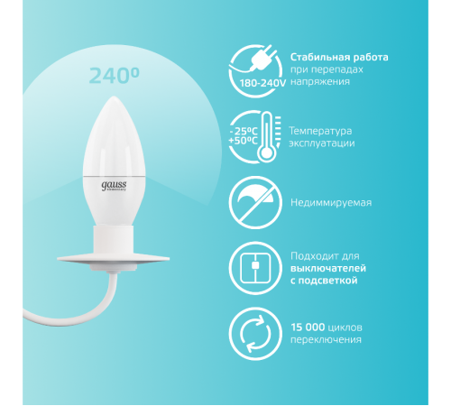 Лампа светодиодная LED 10Вт E14 220В 4100К Elementary свеча  33120  Gauss
