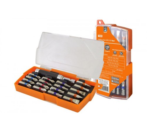 Набор бит №3, 17 бит: SL, PH, PZ, HEX, TORX, удлинитель, сталь CR-V, пластиковом держателе, "Алмаз"  SQ1019-0103  TDM