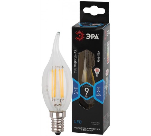 Лампа светодиодная F-LED BXS-9W-840-E14 (филамент, свеча на ветру, 9Вт, нетр, E14)  Б0047005  ЭРА