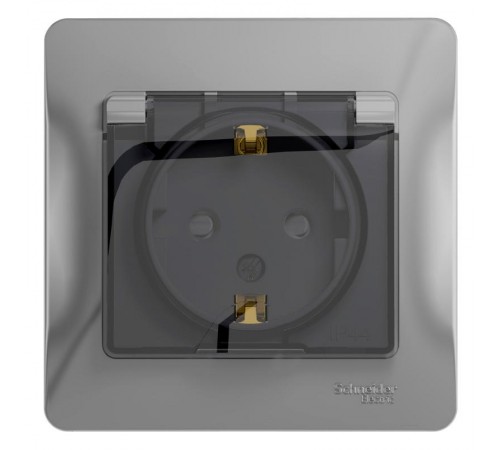 Glossa Алюминий Розетка с заземлением со шторками с крышкой, IP44 (в сборе с рамкой)  GSL000348  SE