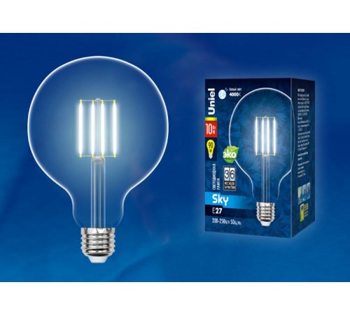 Лампа светодиодная LED-G125-10W/WW/E27/CL PLS02WH LED. "шар", прозр. колба. 3000К Серия Sky  10534  Uniel