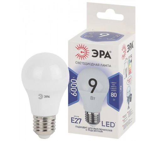 Лампа светодиодная СТАНДАРТ LED A60-9W-860-E27 (диод, груша, 9Вт, хол, E27)  Б0032248  ЭРА
