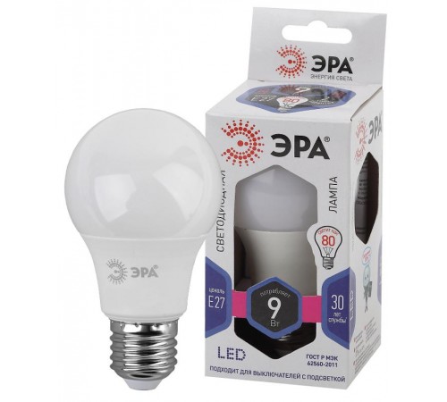 Лампа светодиодная СТАНДАРТ LED A60-9W-860-E27 (диод, груша, 9Вт, хол, E27)  Б0032248  ЭРА