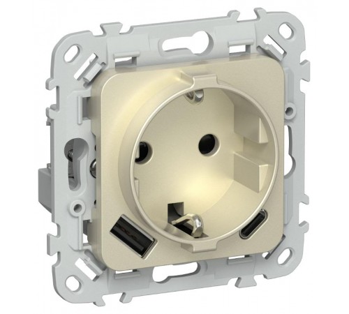 FLITE Розетка с заземлением со шторками 16А с USB A+C 20Вт быстрозажимные клеммы РСЮшс11-1-ФлШ шампань  FI-R14-16-1-U22-020-K37  IEK