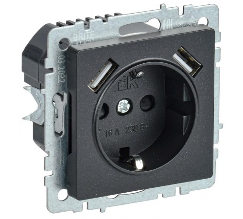 BRITE Розетка с заземлением со шторками 16А с USB A+A 2,1А РЮш10-1-БрЧ черный  BR-R14-16-U21-D21-K02  IEK
