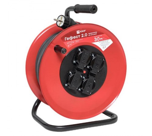 Удлинитель на катушке "Гефест 2.0" 4 гнезда 30м с заземлением и предохранителем КГ 3*2,5 16А/3,5кВт IP44 PROxima  UKG02-16-R325-4-30-IP44  EKF