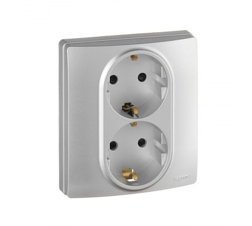 Etika Алюминий Розетка 2-я с заземлением со шторками, автозажимные клеммы  672433  Legrand
