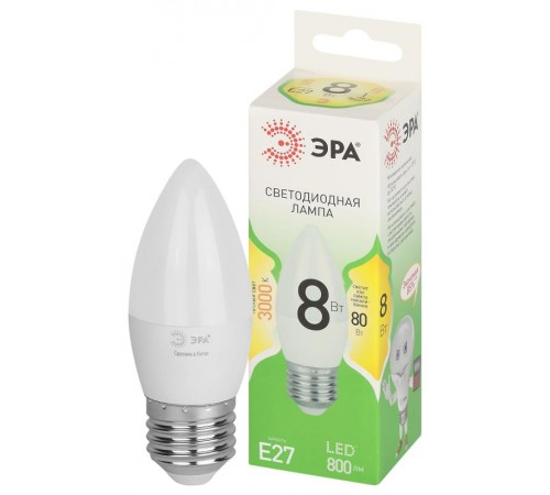 Лампа светодиодная  GREEN LINE LED B35-8W-830-E27 GL E27 8 Вт свеча теплый свет  Б0067088  ЭРА