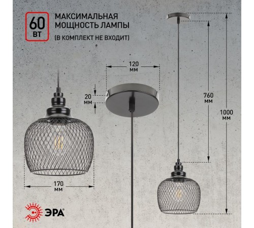 Светильник подвесной PL8 BK металл, E27, max 60W, d170 мм, черный  Б0037455  ЭРА