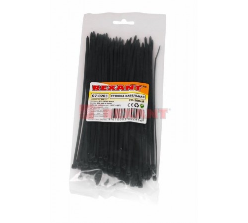 Хомут-стяжка кабельная нейлоновая 200 x7,6 мм, черная, упаковка 100 шт.  07-0203  REXANT