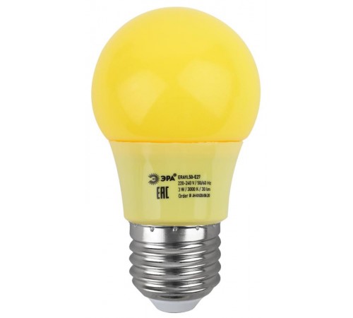 Лампы cветодиодные ERAYL50-E27 LED A50-3W-E27 (диод. груша желт., 13SMD, 3W, E27, для белт-лайт) (10/100/3600)  Б0049581  ЭРА