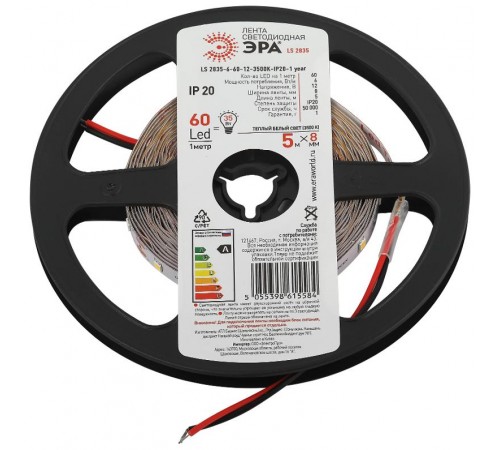 Лента светодиодная LS 2835-6-60-12-3500K-IP20-1 year-5m  Б0053974  ЭРА