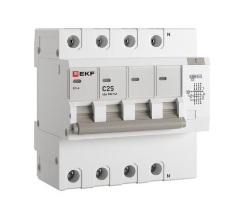 Выключатель автоматический дифференциального тока АД-4 4п 25А C 300мА тип AC (8 мод.) PROxima (электронный)  DA4-25-300-pro  EKF