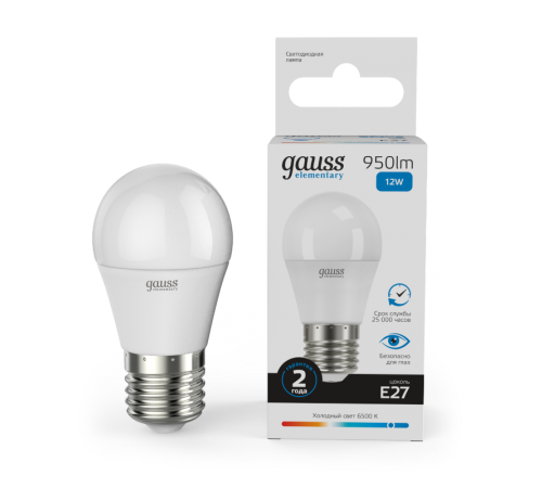Лампа светодиодная Elementary Шар 12W 950lm 6500K Е27 LED 1/10/100  53232  Gauss
