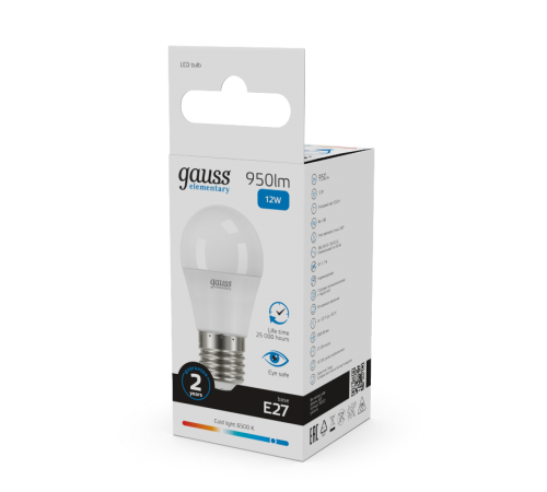 Лампа светодиодная Elementary Шар 12W 950lm 6500K Е27 LED 1/10/100  53232  Gauss