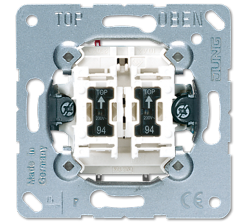 Балансирный выключатель 10 A/ 250 B, двухклавишный, пружинные зажимы, в комплекте 2 лампы (установлены); не подходит к клавишам серии EP; универсальны
