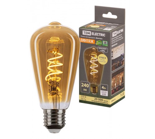 Лампа светодиодная "Винтаж" золотистая ST64 (со спиралью), 4 Вт, 230 В, 2700 К, E27 (конус)  SQ0340-0344  TDM