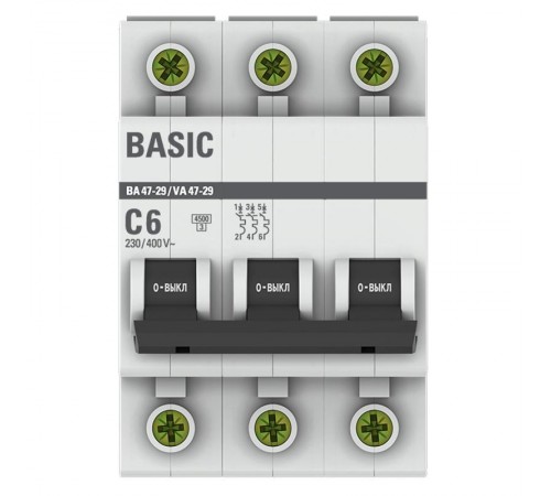 Выключатель автоматический трехполюсный ВА 47-29 6А C 4,5кА Basic  mcb4729-3-06C  EKF