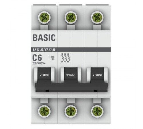 Выключатель автоматический трехполюсный ВА 47-29 6А C 4,5кА Basic  mcb4729-3-06C  EKF