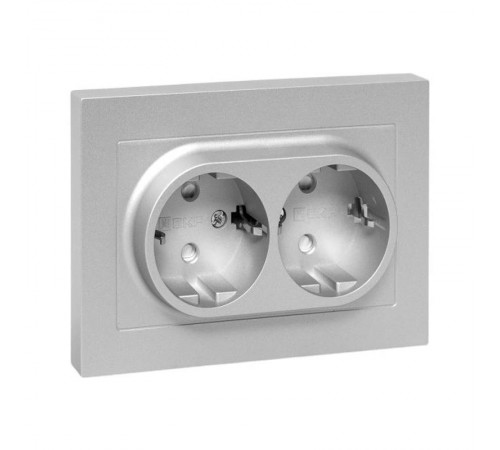 Механизм розетки двойной, 16А, с заземлением, со шторками, с рамкой, алюминий Эпика EKF  UP1-SOA-211  EKF