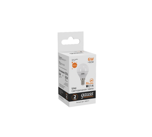Лампа светодиодная LED 6Вт E14 220В 2700К Elementary шар  53116  Gauss