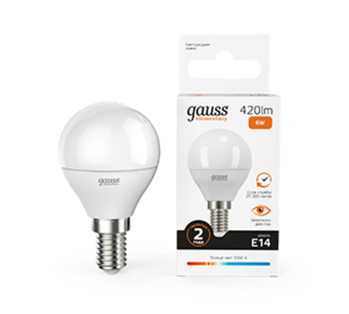 Лампа светодиодная LED 6Вт E14 220В 2700К Elementary шар  53116  Gauss