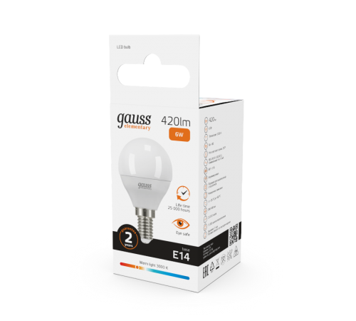 Лампа светодиодная LED 6Вт E14 220В 2700К Elementary шар  53116  Gauss