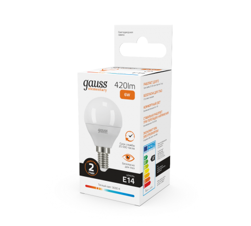 Лампа светодиодная LED 6Вт E14 220В 2700К Elementary шар  53116  Gauss
