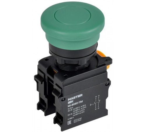 Кнопка "Грибок" с фиксац. d=22мм 1NO+1NC зелёная MASTER  MI-BG60-11M-3-21-K06  IEK