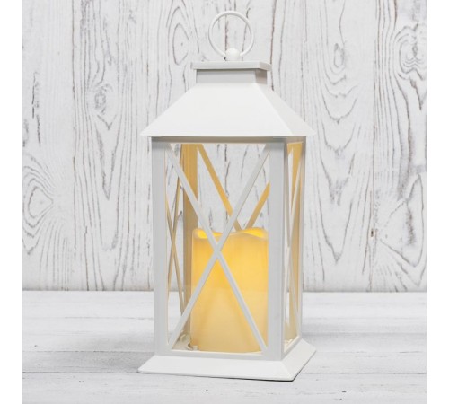 Декоративный фонарь со свечой 14x14x29 см, белый корпус, теплый белый цвет свечения  513-046  NEON-NIGHT