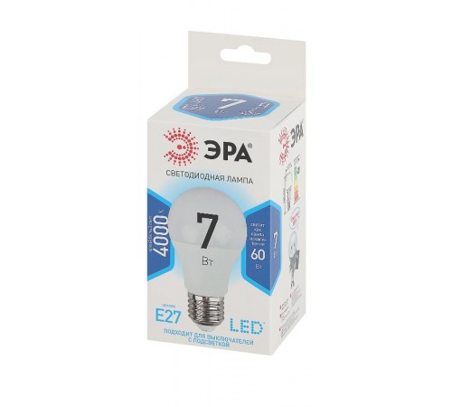 Лампа светодиодная LED A60-7W-840-E27 Лампы СВЕТОДИОДНЫЕ СТАНДАРТ ЭРА (диод, груша, 7Вт, нейтр, E27)  Б0029820  ЭРА