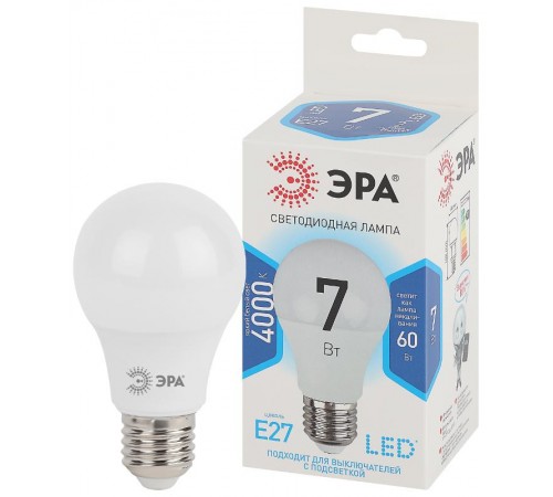 Лампа светодиодная LED A60-7W-840-E27 Лампы СВЕТОДИОДНЫЕ СТАНДАРТ ЭРА (диод, груша, 7Вт, нейтр, E27)  Б0029820  ЭРА