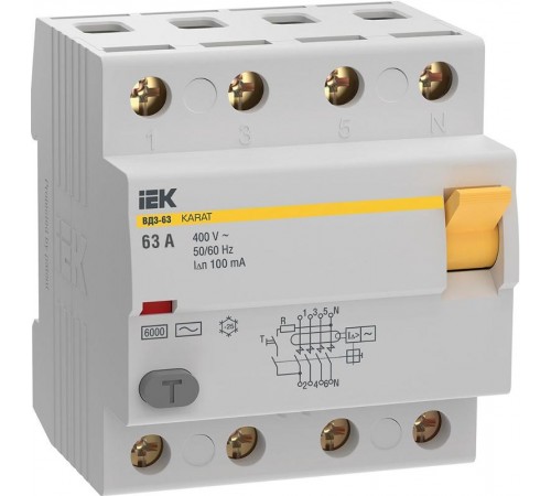 Выключатель дифференциальный (УЗО) ВД3-63 4P 63А 100мА 6кА тип АС KARAT  MDV20-4-063-100  IEK