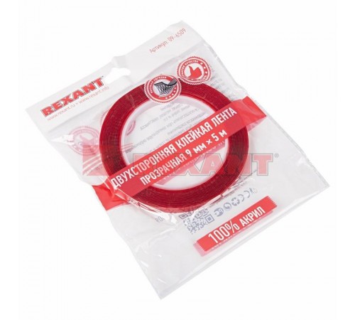 Двухсторонний скотч , прозрачный, на акриловой основе, 9 мм, ролик 5 м  09-6509  REXANT