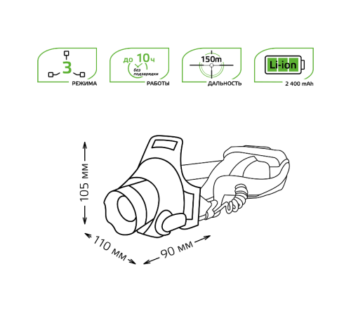 Фонарь налобный GFL407 5W 450lm Li-ion 2400mAh LED 1/12/48  GF407  Gauss