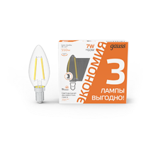 Лампа светодиодная Filament Свеча 7W 550lm 2700К Е14 LED (3 лампы в упаковке) 1/20  103901107T  Gauss