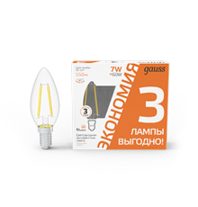 Лампа светодиодная Filament Свеча 7W 550lm 2700К Е14 LED (3 лампы в упаковке) 1/20  103901107T  Gauss