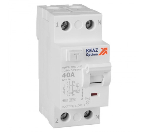 Выключатель дифференциального токаOptiDin DM63-2440-AC-4,5-УХЛ4 (2P, 40, 300mA)  343901  КЭАЗ