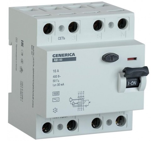 Выключатель дифференциальный (УЗО) ВД1-63 4п 32А 30мА тип AC  MDV15-4-032-030  GENERICA