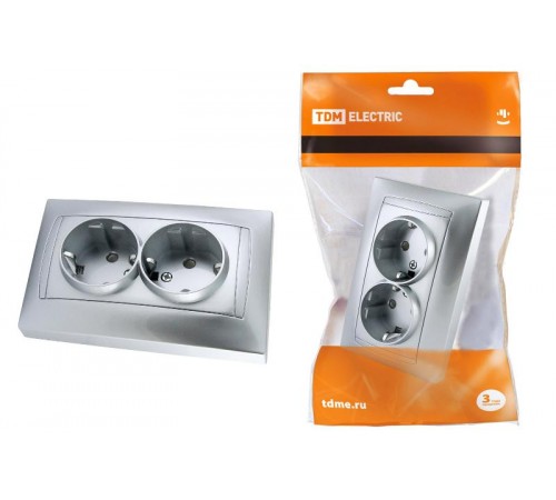 Розетка двойная 2П+З 16А 250В с защ. шт. серебр. металлик "Лама"   SQ1815-0213  TDM