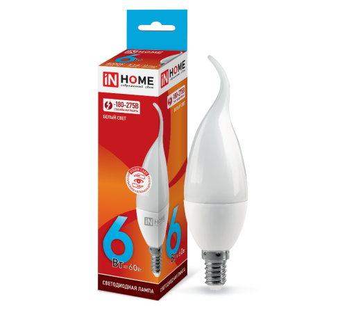 Лампа светодиодная LED-СВЕЧА НА ВЕТРУ-VC 6Вт 230В Е14 4000К 540Лм  4690612030395  IN HOME