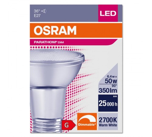Лампа диммируемая светодиодная PARATHOM PAR20 350лм 6,4Вт 2700К E27 колба PAR20 36° прозр стекло 220-240В  4058075607675  OSRAM