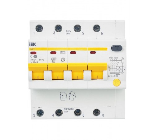 Выключатель автоматический дифференциального тока АД14 4п 40А C 30мА тип AC (5 мод)  MAD10-4-040-C-030  IEK
