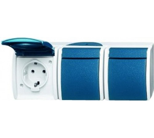 Розетка SCHUKO 16А 250В IP44, тройная, для открытого монтажа, серия ocean, цвет серый/сине-зелёный  2084-0-0725   2CKA002084A0725  ABB