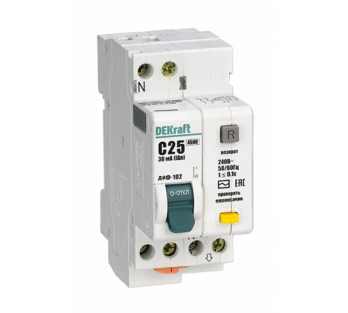 Выключатель автоматический дифференциального тока ДИФ-102 1п+N 25А C 30мА тип AC  16005DEK  DEKraft