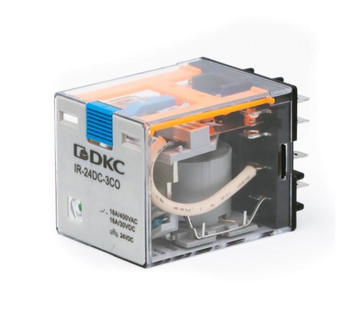Реле миниатюрное силовое, 3CO, ком. ток 16А, AgSnO2, напряжение 12V DC, опция: тест-кнопка+светодиод+защитный диод  IR-12DC-3CO-D  DKC