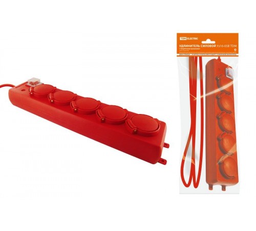 Удлинитель силовой Уз16-05В  (с крышками IP44, выключатель, 5 мест/20м ПВС 3х1,0)  SQ1302-0018  TDM